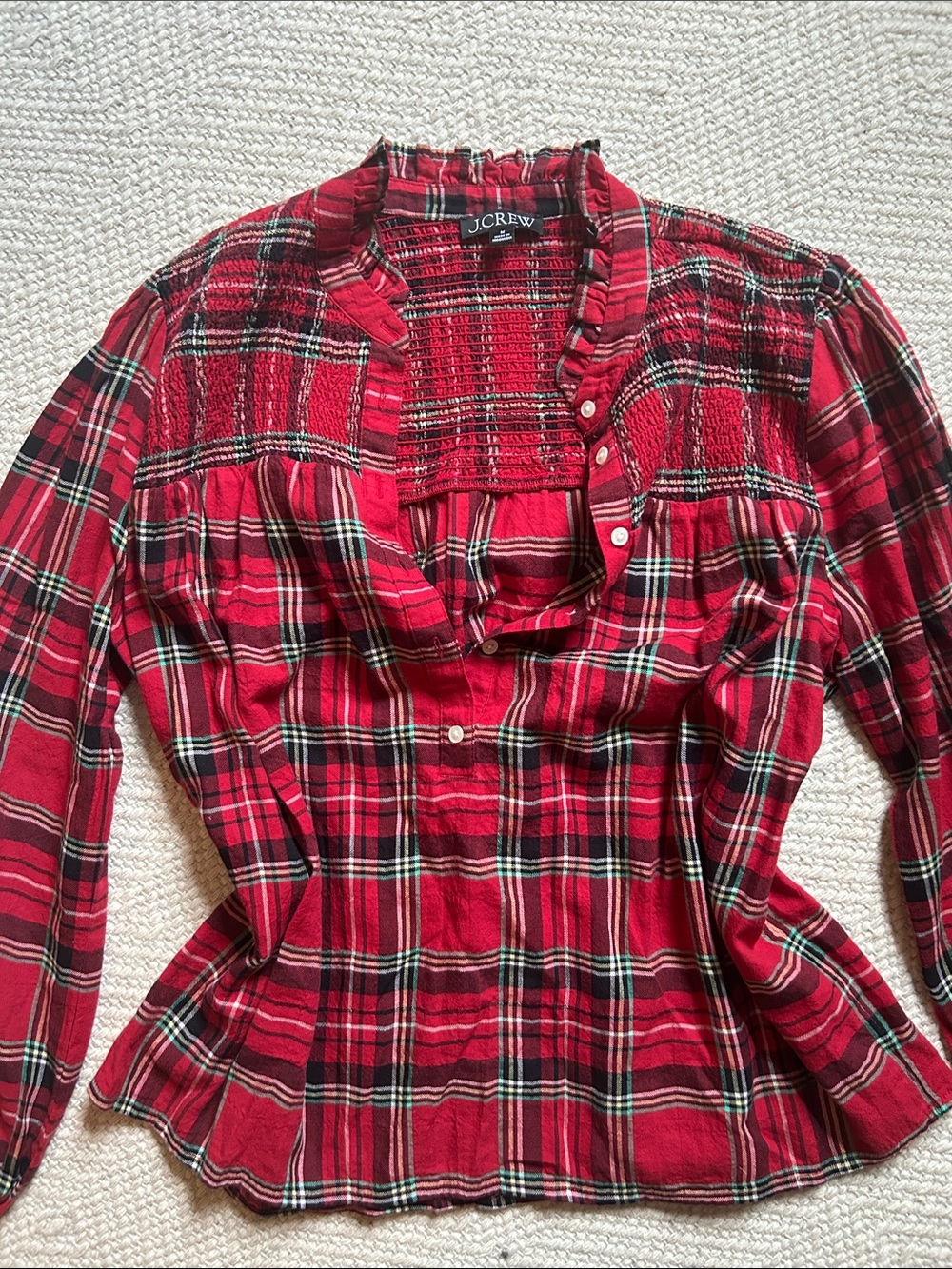 J. Crew Red Plaid Smocked Yoke Button-Front Blouse